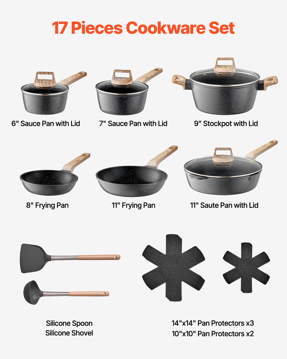 17 Piece Pots And Pans Set Granite Nonstick Kitchen Cookware Black