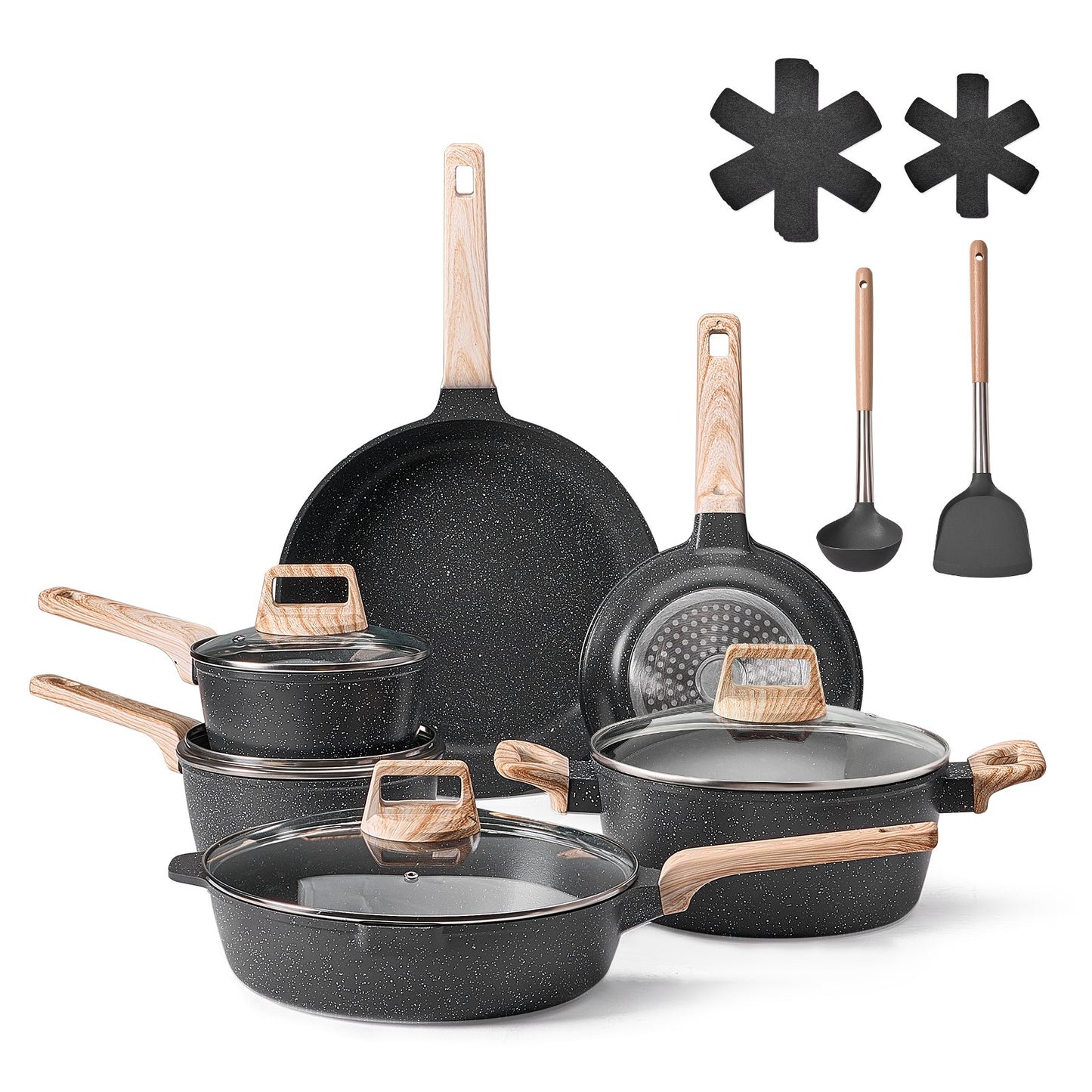 17 Piece Pots And Pans Set Granite Nonstick Kitchen Cookware Black