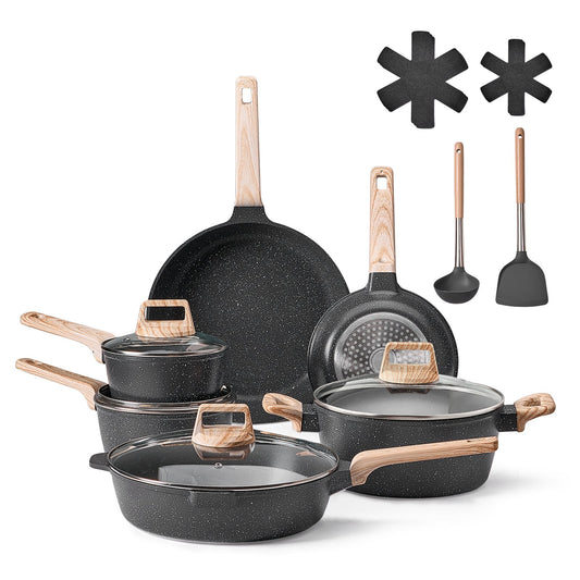 17 Piece Pots And Pans Set Granite Nonstick Kitchen Cookware Black