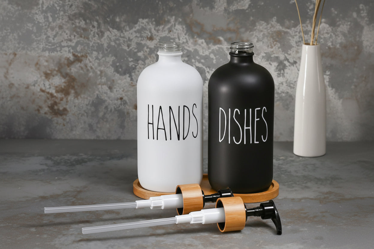 luxury Soap Dispenser Set – Upgrade Your Sink | Refillable Wooden Pump Bottles for Kitchen & Bathroom