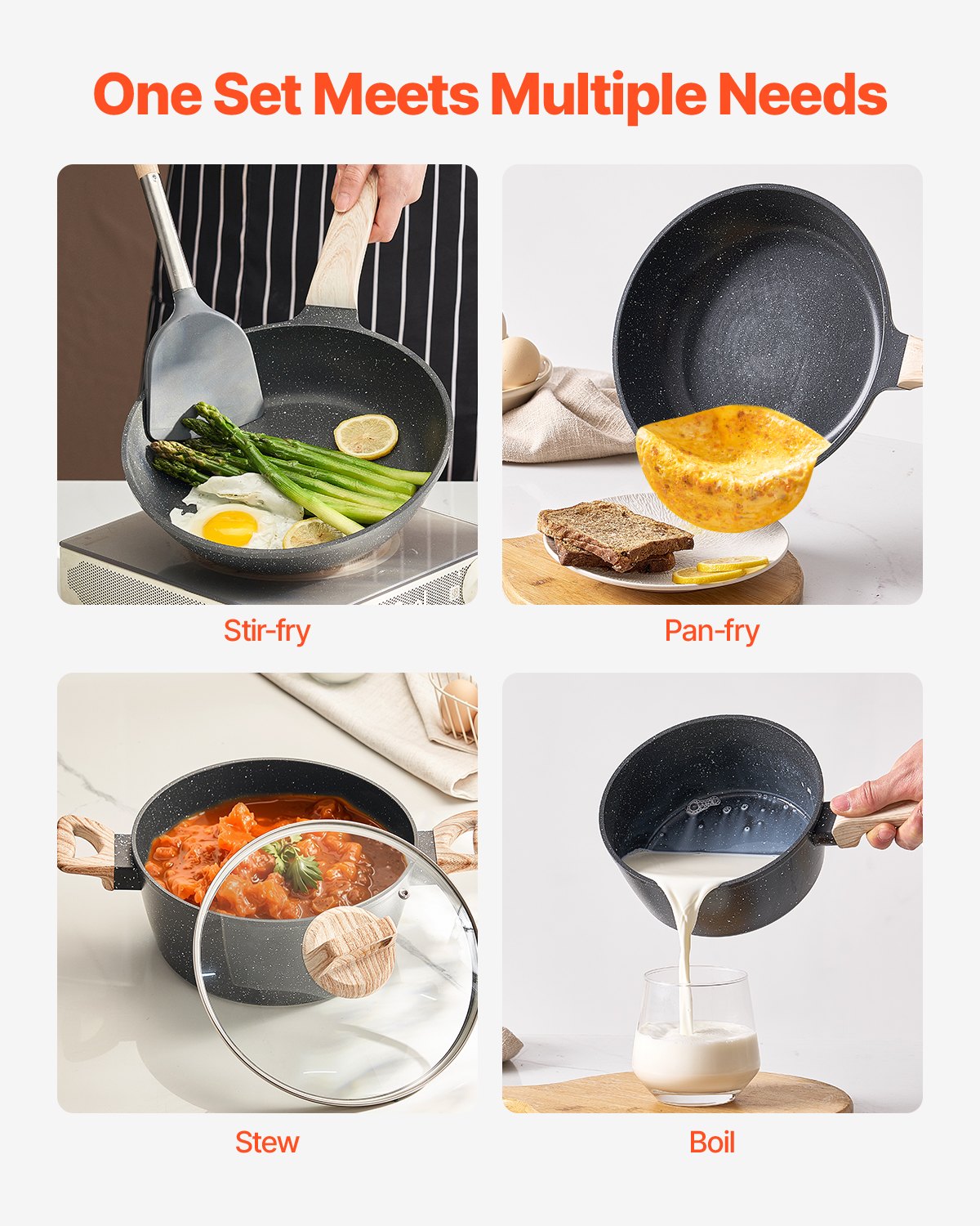 17 Piece Pots And Pans Set Granite Nonstick Kitchen Cookware Black