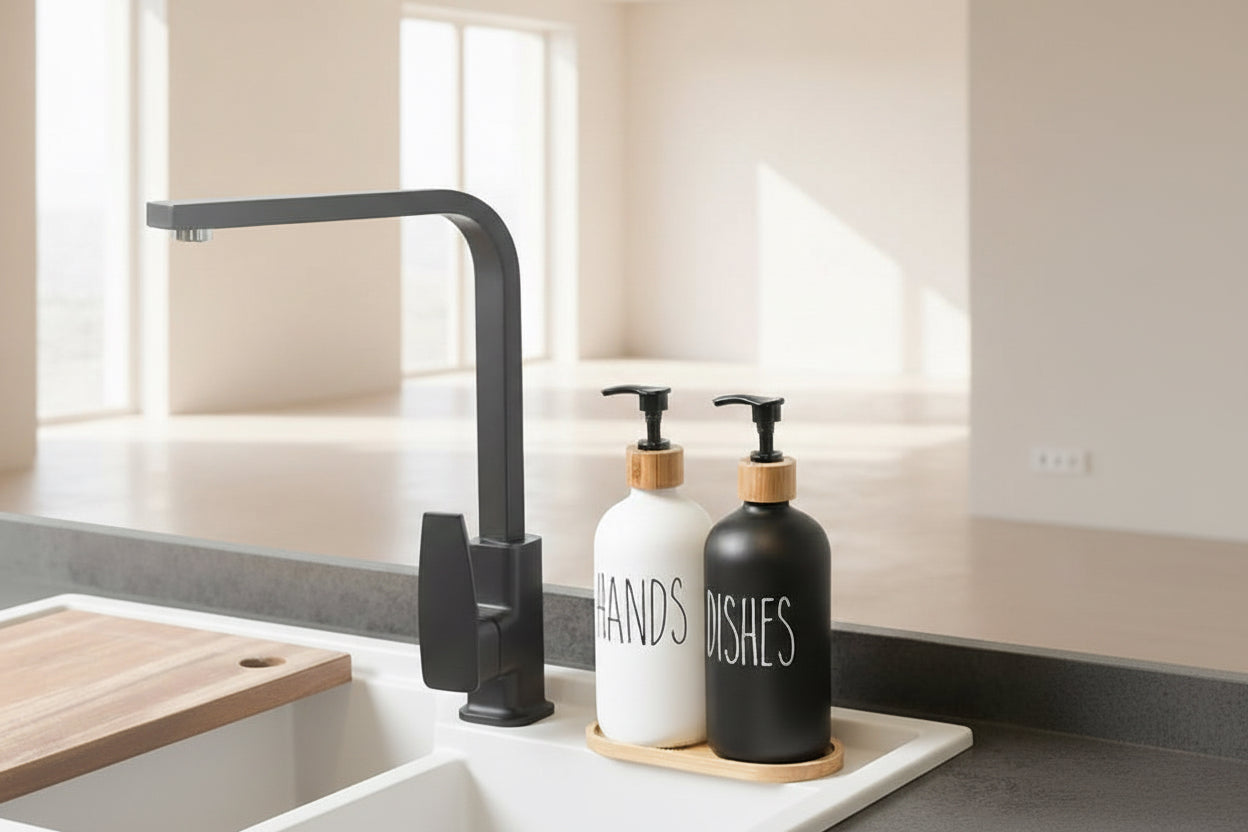 luxury Soap Dispenser Set – Upgrade Your Sink | Refillable Wooden Pump Bottles for Kitchen & Bathroom